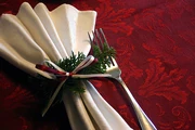 a simple fan fold with a tie and decorative piece of evergreen for a holiday setting