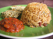 Baked Zucchini Koftas, Spicy Indian Rice with Toasted Almonds and Tamatar Chutney