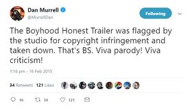 Writer/producer  reacted to a copyright strike made against the Honest Trailer for .