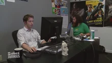 Inside the Honest Trailers writers room during 2013. Picture shows head writer  and writer  at their desks.