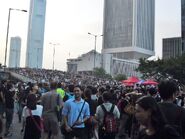 夏慤道天橋位於雨傘革命金鐘佔領區內，圖為2014年10月1日市民佔據天橋的情況