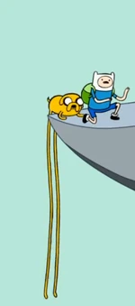 Finn y Jake en la nariz de la montaña (Jake usando sus elásticos poderes).