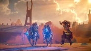 Aloy jumping onto one of the overridden Striders.