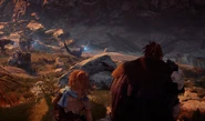 Rost and Aloy looking a herd of Watchers and Striders.