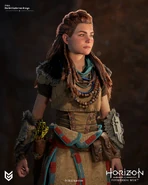 Closeup artwork of Aloy in the Nora Huntress outfit by Daniel Gutierrez Anaya.[1]
