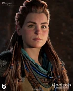 Closeup artwork of Aloy wearing the Nora Huntress by Thomas Sykutera.[3]