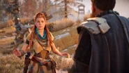 Aloy talking to Karst.