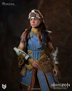 Closeup artwork of Aloy wearing the Carja Wanderer outfit by Daniel Gutierrez Anaya.[1]