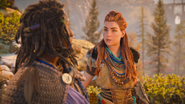 Aloy talking to Olara.