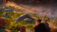 Rost and Aloy looking a herd of Watchers and Striders.
