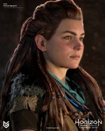 Closeup artwork of Aloy wearing the Nora Huntress by Thomas Sykutera.[3]