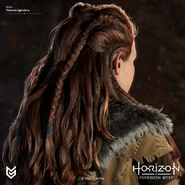 Closeup artwork of Aloy wearing the Nora Huntress from behind by Thomas Sykutera.[3]