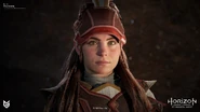 Closeup artwork of Aloy wearing the Carja Trader outfit by Arno Schmitz.[1]