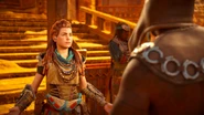 Aloy talking to Odund.