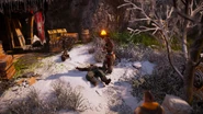 Aloy taking Dervahl's Champion's ear defenders.