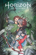 HZDIssue4CoverA.jpg (867 KB) Talanah and Aloy on cover A of Horizon Zero Dawn: The Sunhawk #4 by Peach Momoko.