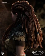 Closeup artwork of Aloy wearing the Nora Huntress from behind by Thomas Sykutera.[3]