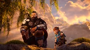 Rost and Aloy looking a herd of Watchers and Striders.