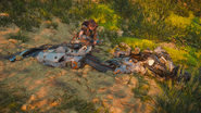Aloy examining the destroyed Watcher.
