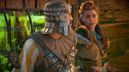 Erend and Aloy pushing the Blaze outside.