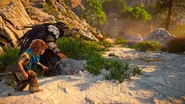 Aloy and Rost sneaking.