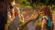 Rost and Aloy watching Teb on the Brave Trail.