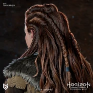 Closeup artwork of Aloy wearing the Nora Huntress from behind by Thomas Sykutera.[3]