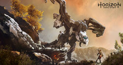 Concept art of a Stormbird atop a defeated Thunderjaw, by Miguel Angel Martinez