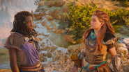 Olara and Aloy talking about Brom not being ready to return to the tribe.