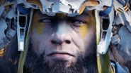 Closeup of the White Teeth Chieftain's face in Horizon Zero Dawn: The Frozen Wilds.