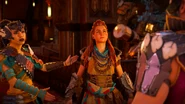 Hunters' Blind (HZDR; 53).png (1.99 MB) Talanah announcing that she wants to sponsor Aloy for membership in the Hunters Lodge.
