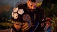Rost and Aloy watching Teb being taken away by his father.