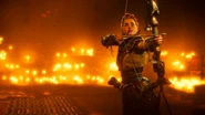 Aloy ready to fire at someone behind her.