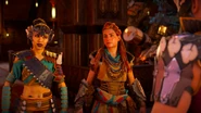 Hunters' Blind (HZDR; 52).png (1.93 MB) Talanah announcing that she wants to sponsor Aloy for membership in the Hunters Lodge.