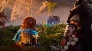 Aloy and Rost looking at a Strider.