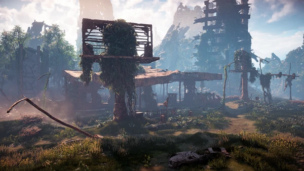 Заправка на фоне руин