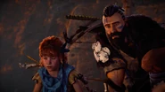 Aloy and Rost watching Teb in danger.