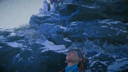 Aloy hiding from the Frostclaw.
