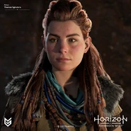 Closeup artwork of Aloy wearing the Nora Huntress by Thomas Sykutera.[3]