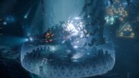 A Thunderjaw in the power cell of Cauldron ZETA.