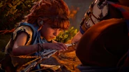 Rost giving Aloy her bow back.