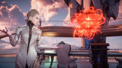 Tilda explaining Nemesis to Aloy and Beta.