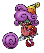 Former official artwork featuring Plum's original lollipop weapon.