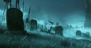 A zombie rises in the graveyard