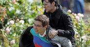 A young Gary King rides on the shoulders of a young Andy Knight.