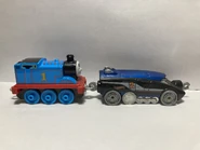 Mattel/Fisher Price Thomas Adventures train connected to Rail Rocket (shared coupling design)