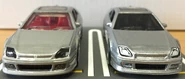 A front view of the 2020 Hot Wheels ’98 Honda Prelude silver (left) and 2021 metalflake silver (car culture, modern classics, right).