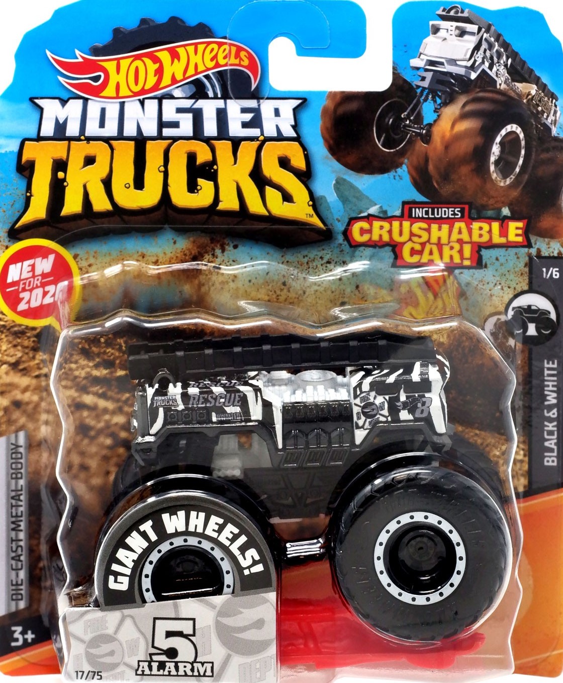 Hot Wheels Monster Trucks Mega-Wrex Black & White Includes Crushable Car 