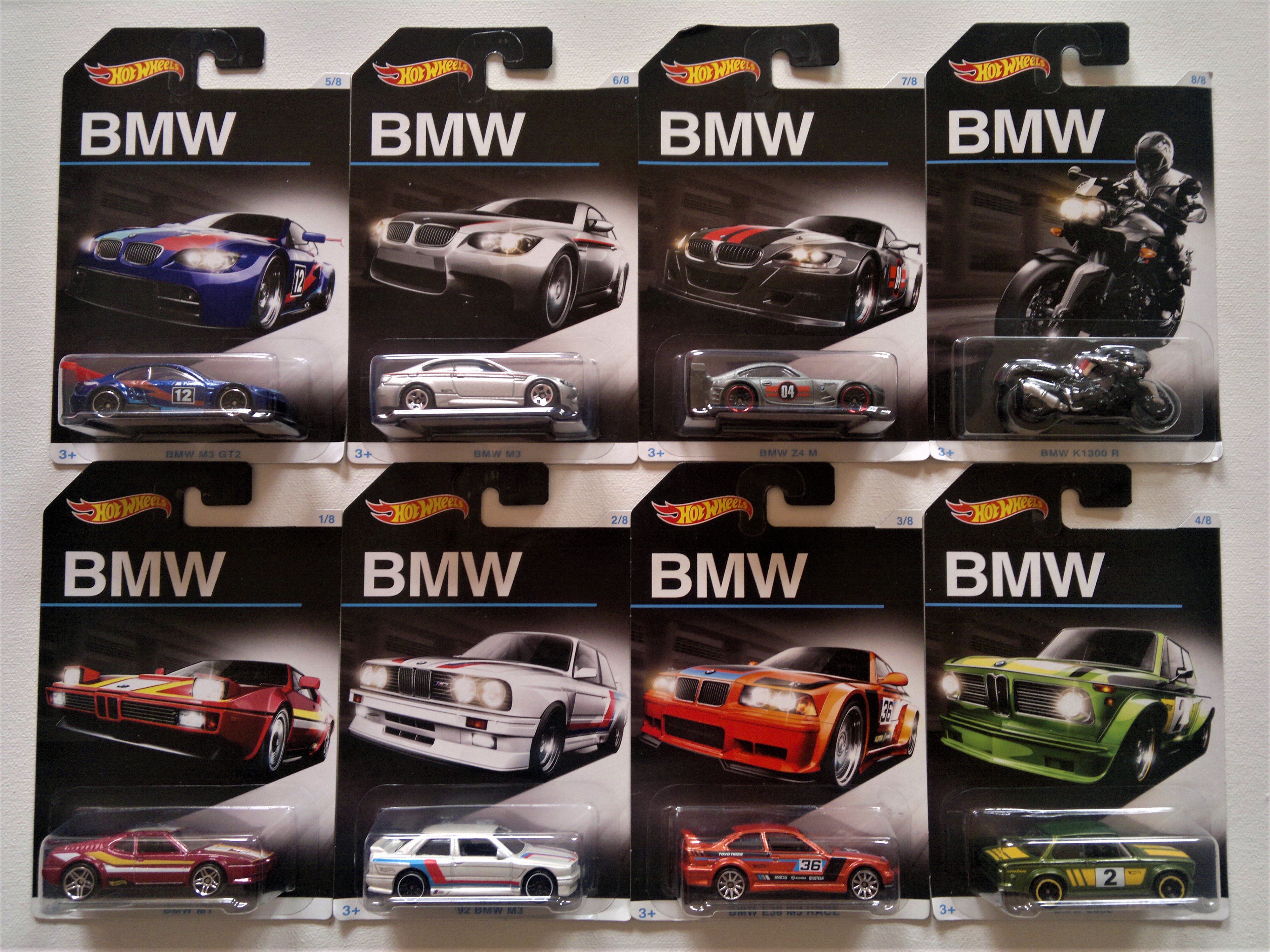 Complete Set of 8 Hot Wheels 2016 BMW Series: 1-8 BMW M1, 2-8 - '92 BMW M3,  3-8 - BMW E36 M3 RACE, 4-8 - BMW 2002, 5-8 - BMW M3 GT2, 6-8 - '10 BMW M3