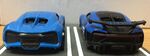 A back view of the 2021 Hot Wheels Bugatti Chiron (left) and 2021 Tomica Bugatti Chiron Pur Sport (right, 1/63)